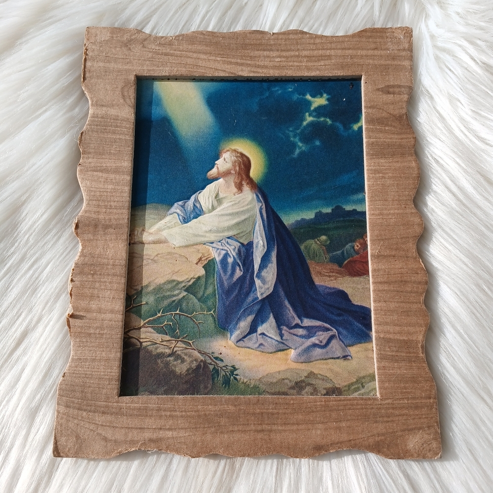 Vintage Jesus in the Garden of Gethsemane Wall Hanging Plaque Wood Frame mcm vtg